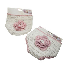 2 Pair NEW Hand Crocheted Diaper Cover Baby Girls 0-6 Months White Pink Flower