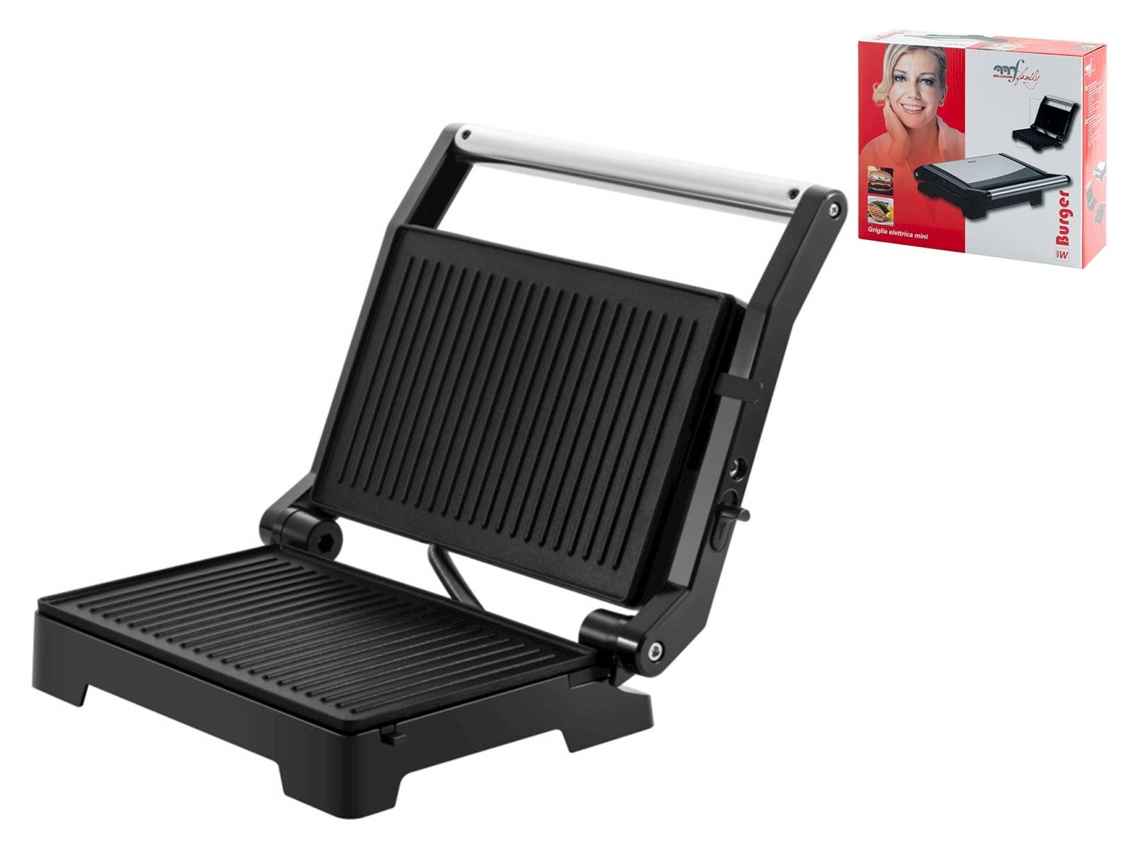 Grill Elettrico Melchioni Burger 1000W: Piastra 180° Nero-Silver