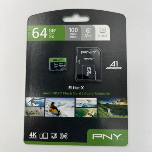 Carte micro SD PNY Elite-X 64 Go, MicroSDXC, A1, V30, classe 10, 100 Mo/s - Photo 1 sur 2