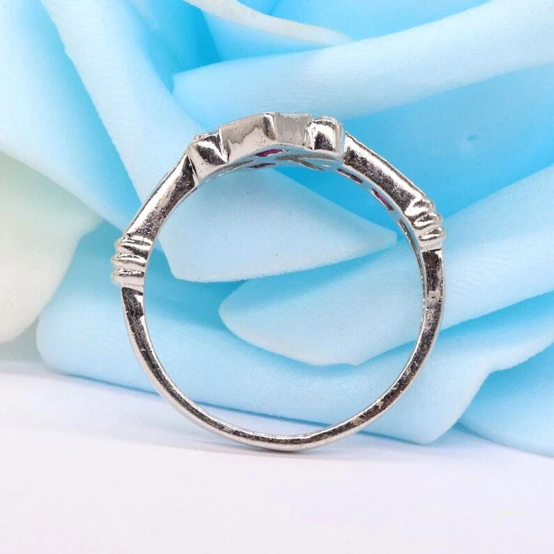 925 Sterling Silver Red Ruby and White Topaz Stackable Band Wedding Ring - Image 4 of 4