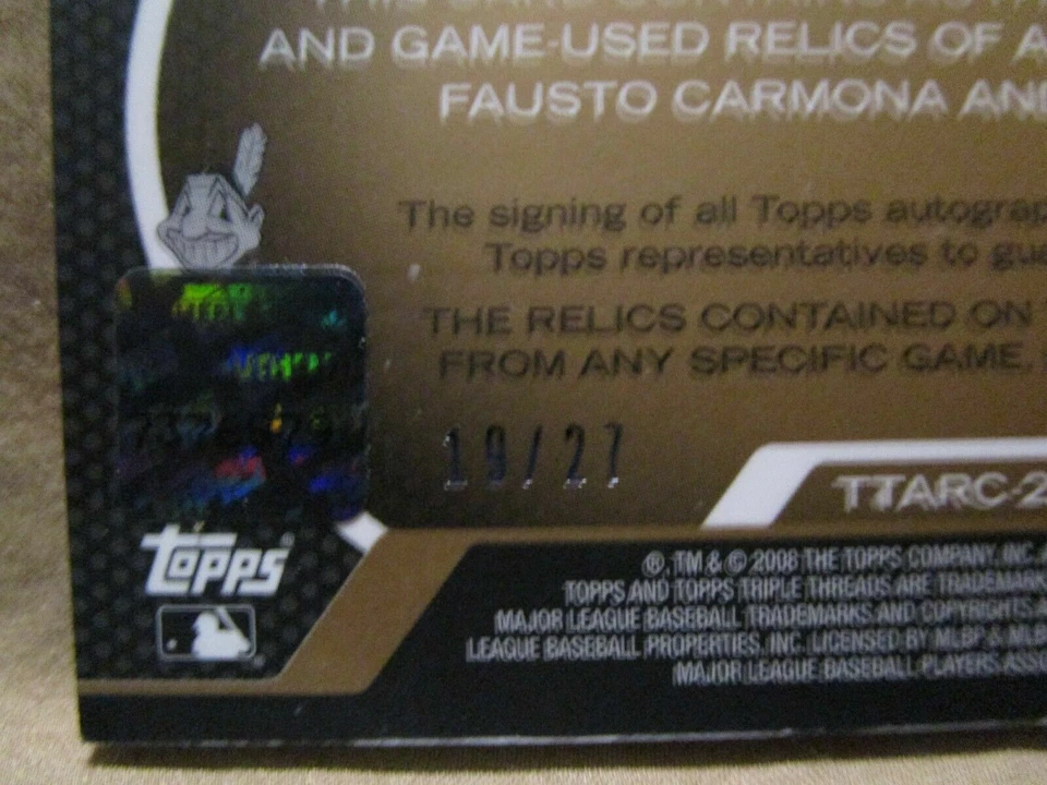 Galarraga/Carmona/Patton 2008 Topps Triple Threads Trio GU parche/auto #19/27!!!! Foto 3 de 3