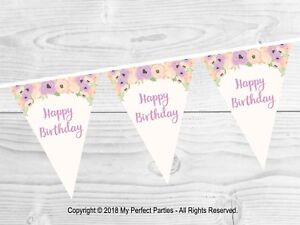 Purple Lilac Shabby Chic Vintage Floral Birthday Party Bunting Banner