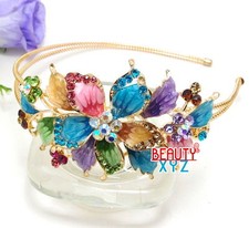 New Woman multi Crystal Rhinestone gold tone metal big Flower design Headband