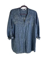 J. Jill Uncommon Threads Womens XL Blue Chambray Denim Floral Button Shirt Flowy