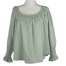 Hunter Bell Lucia Blouse Top Size M Relaxed Fit Green Check White $315