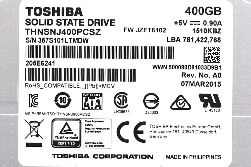 Toshiba THNSNJ400PCSZ 400GB 2.5" 6Gb/s MLC SATA Solid State Drive Tested Working - Image 3 of 3