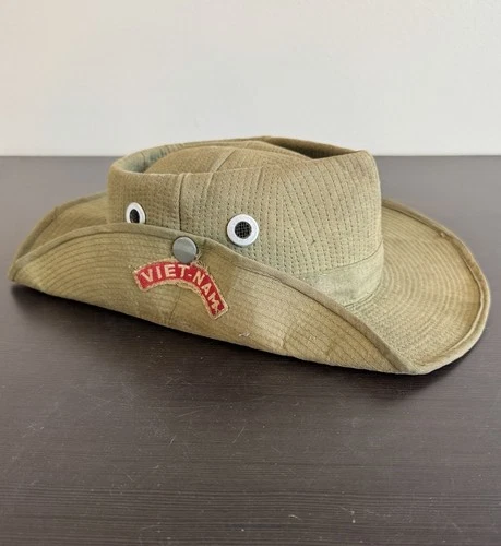 Vintage Military Cowboy Style Hat Vietnam Silk Tab Patch Bush Cap Tan Green Army