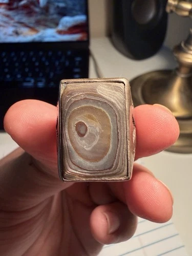 Vintage Sterling Silver Banded Eye Agate Ring Navajo Style Hand Stamped Size 10