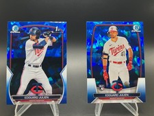 Edouard Julien 2023 Bowman Chrome Sapphire 1st #BCP-82 and RC Rookie Card #1. rookie card picture
