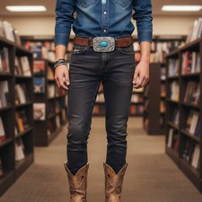 Men Women Antique Silver Metal Ethnic Belt Buckle Turquoise Filigree Casual Day