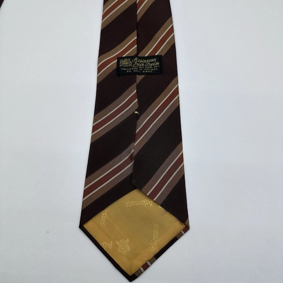Atkinsons Irish Poplin Brown Tan Orange Striped Silk Wool Ireland 4 x 54 T100 - Image 4 of 4