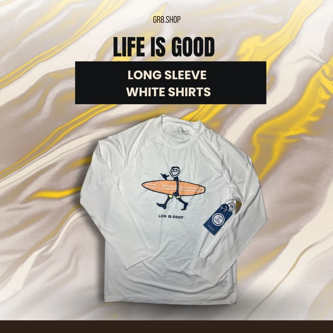 Life Is Good Mens Long Sleeve Surf Shirt UPF 50+ Medium White Polyester