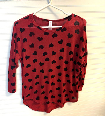 Womens  Red/Black Heart Knit Pullover Sweater 3/4 Sleeve Round neckline S (3-5)