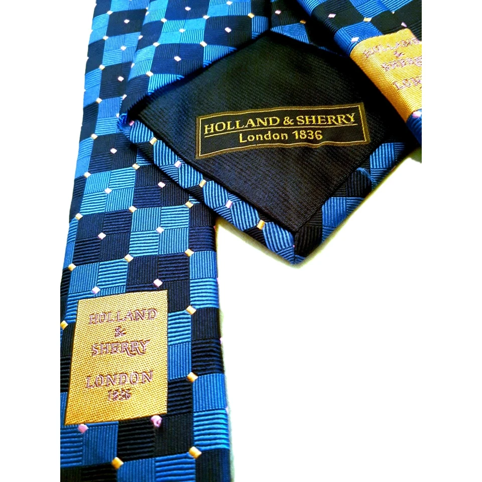 Corbata HOLLAND & SHERRY LONDON 1836 100 % seda azul y azul marino a cuadros rosa/dorado Foto 2 de 4