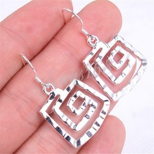 Genuine 925 Sterling Silver 1.4"/36mm Trapezoid Swirl Maze Dangle Earrings Y391