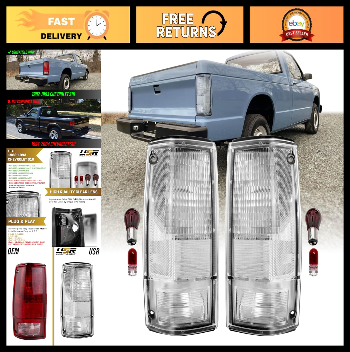 Clear Tail Lights Pair for 82-93 Chevy S10 Blazer Pickup & GMC S15