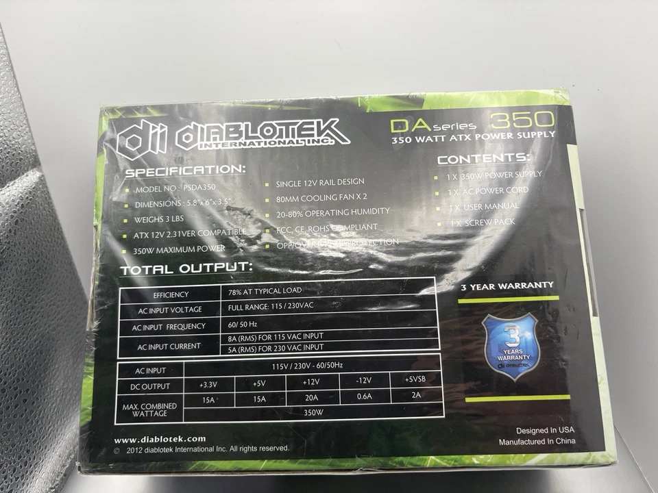 Diablotek Int.Inc DA Series 350 Watt ATX Power Supply PSDA 350 Brand New - Image 2 of 4