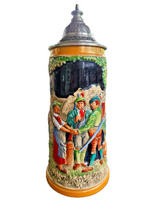Vintage German Beer Stein with Pewter Lid Hand Painted Relief Tavern Scene Made