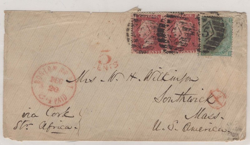 1867 GB SG#43,PL6,#90 PL4: 1sh 2d rate UK  Via Cork, Ship Africa  to USA
