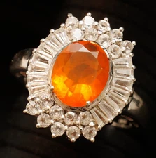 Size 9 Mexican Fire Opal with White Zircon Halo Sterling Silver Ring