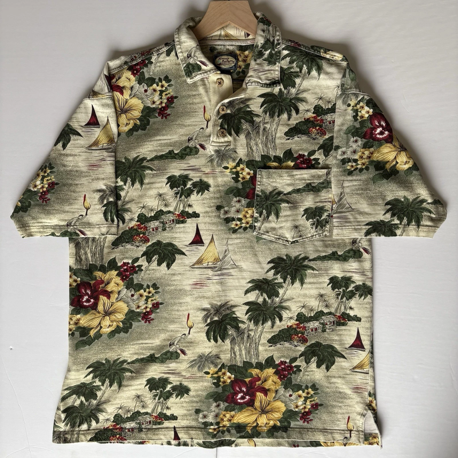 Tommy Bahama Polo Shirt Floral Hawaiian Palm Tree Sail Boat Men’s Large VTG