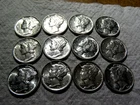 Bulk Lot 12  (1) 1938 -  (5) 1940  - (6) 1941  BU Mercury Silver Dimes W4