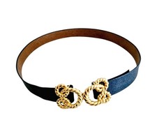 Chic 1990s Blue Lizard Skin Adjustable Belt W/ Heavy Gold Buckle