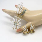 Vintage White Milk Glass & AB Crystal Clip On Earrings Brooch Set Wheat Flower