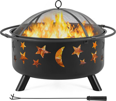Gartenfeuerstelle, große Outdoor Feuerstelle mit Sternen & Monden, schwarz