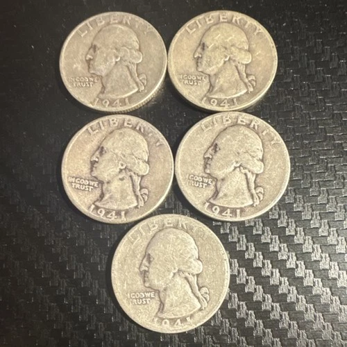 4 1941 + 1 1941-D Silver Washington Quarters Circulated Uncertified US Coin Lot