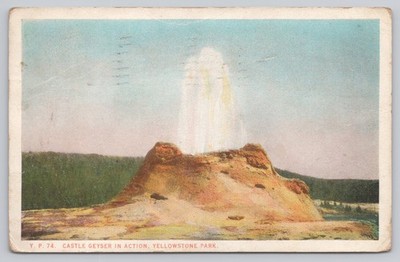1929 Yellowstone Park Castle Geyser Eruption Vintage Postcard Bloom Bros