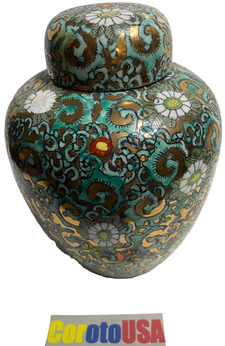 Japanese Porcelain ACF Jar Vase Hong Kong Green Floral Gold Trim 8" Vintage - Picture 2 of 6