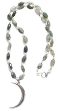 Hand Knotted Green Moss Agate Gemstone Necklace, Sterling Crescent Moon Pendant