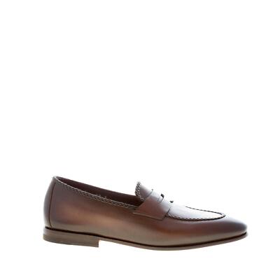 SANTONI men shoes Dark brown leather penny loafer intertwined stitching Goodyear