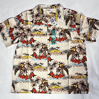 Barefoot In Paradise Tan Hawaiian Shirt Men's Sz. L  Toucan/Flowers New With Tag