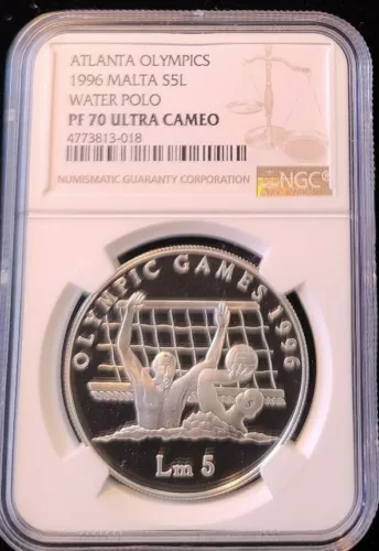 1996 MALTA SILVER 5 LIRI S5L WATER POLO NGC PF 70 ULTRA CAMEO PERFECTION POP 1