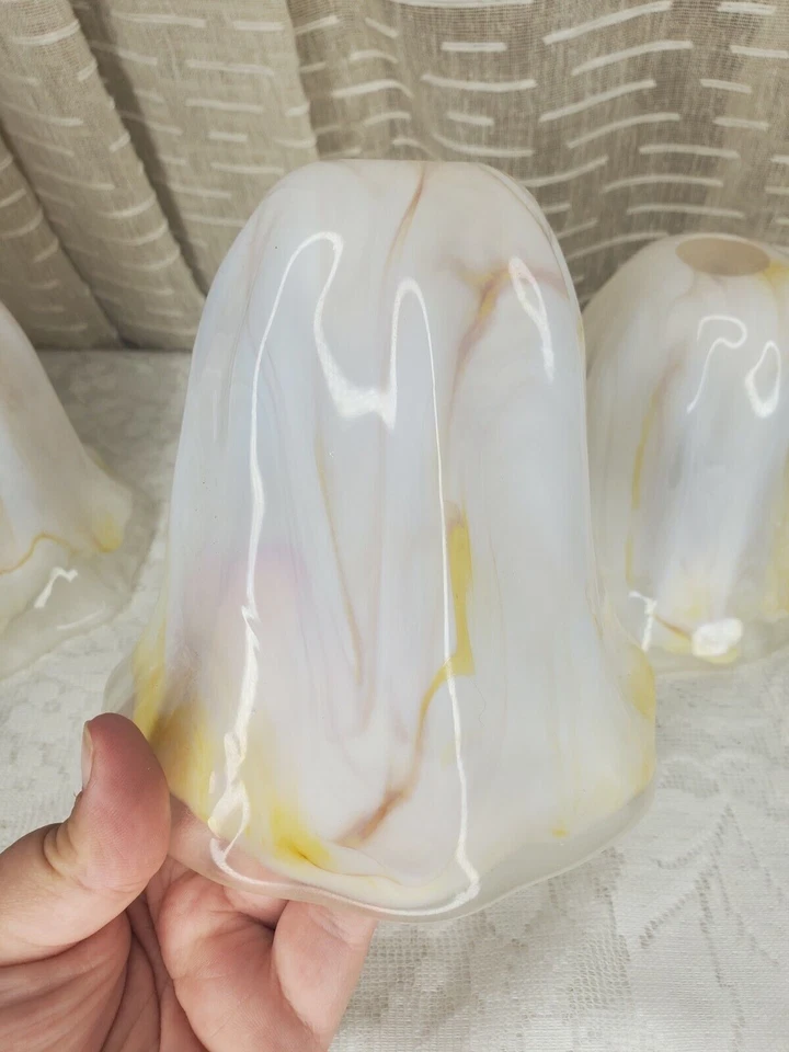Art Glass light Shade covers set of 6, frosted inside, Yellow beige white swirl - Image 3 of 4