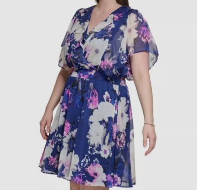 dkny blue floral dress DKNY Women's Short Godet Sleeve Jewel Neck Midi Dress