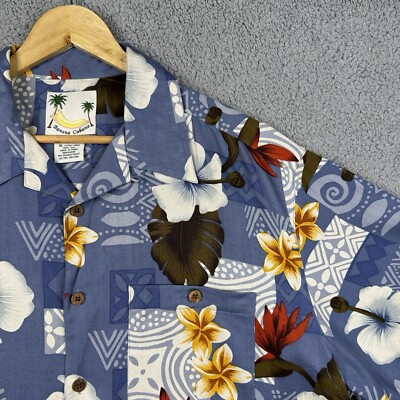 Banana Cabana Shirt Mens XL Blue Floral All Over Print 100% Silk Loop Collar