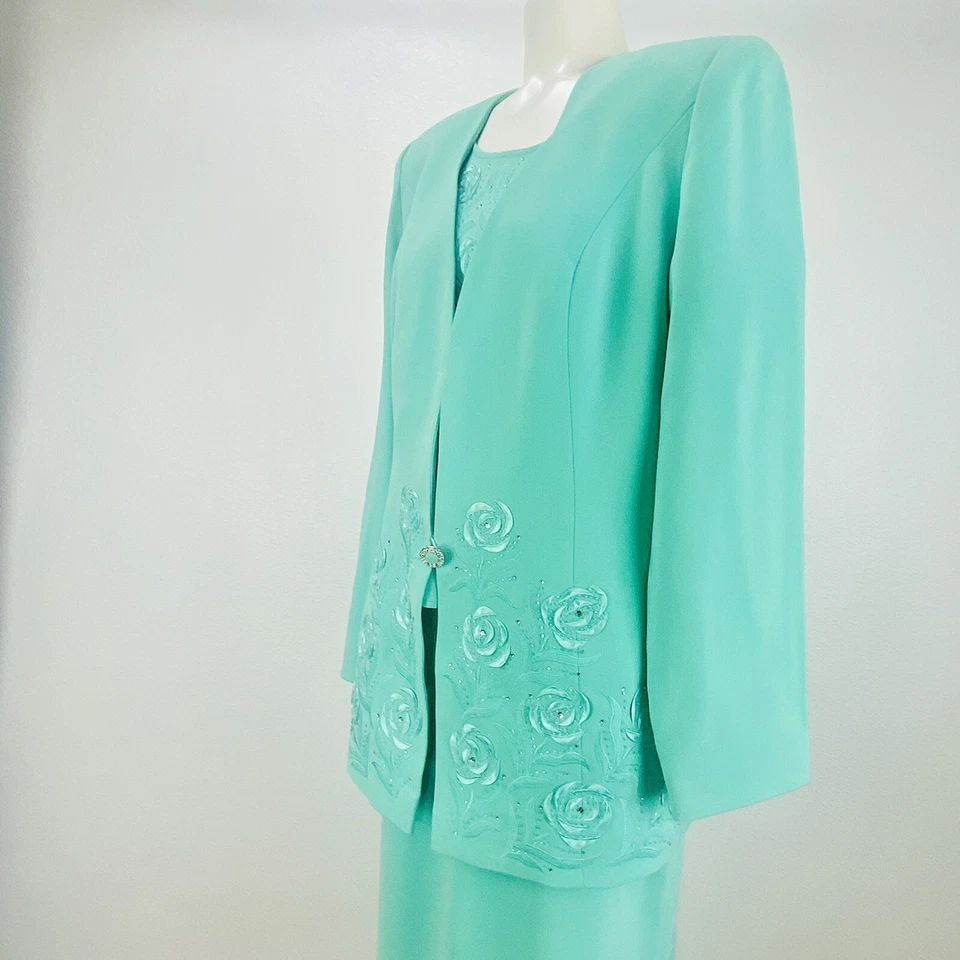 Natasha Collection NY Mint Green 3 Piece Embroidery Jacket, Tank, Skirt Size 10 - Image 3 of 4