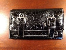 Black Faux Crocodile Checkbook Tri-Fold Wallet w/Silvertone Buckles Snap Closure