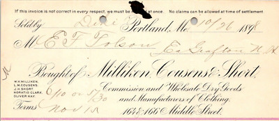 1898 MILLIKEN COUSINS SHORT WHOLESALE DRY GOODS CLOTHING MFR PORTLAND ME CV192