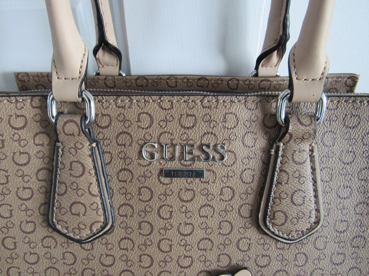 Guess Brown Signature G Handbag Purse Beige Applied Flowers Handles Silv Studs