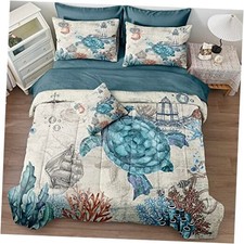 Turtle Comforter Set Ocean Turtle Bed in a Bag 8 Pieces Coastal King Blue