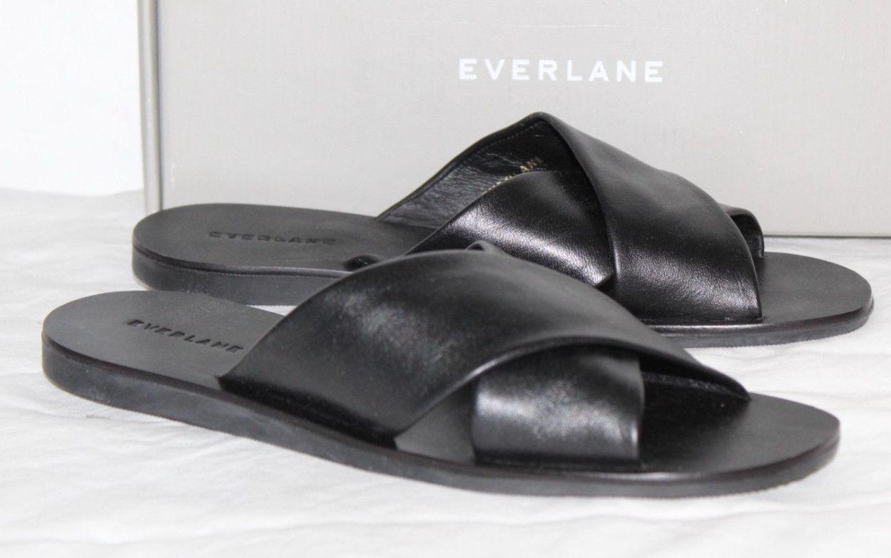 NWB EVERLANE Black Leather Flats Crisscross Sandals Slides Mules Slip Ons 9.5