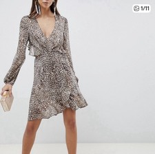 New Asos 4 Leopard Print Silk Lined Sexy Back Dress Ruffled Long Sleeved