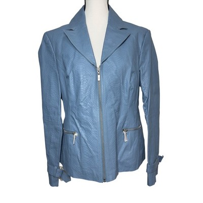 VTG Pamela McCoy Snake Embossed Leather Jacket Blazer Blue Women Medium Timeless