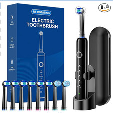 Rotating Electric Toothbrush for Adults, 8 Brush Heads (2 Types) & Travel Case,