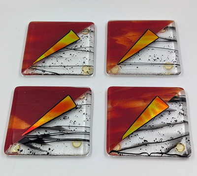 Set of 4 Fused Glass Drink Coasters Handmade Red & Clear Home Decor