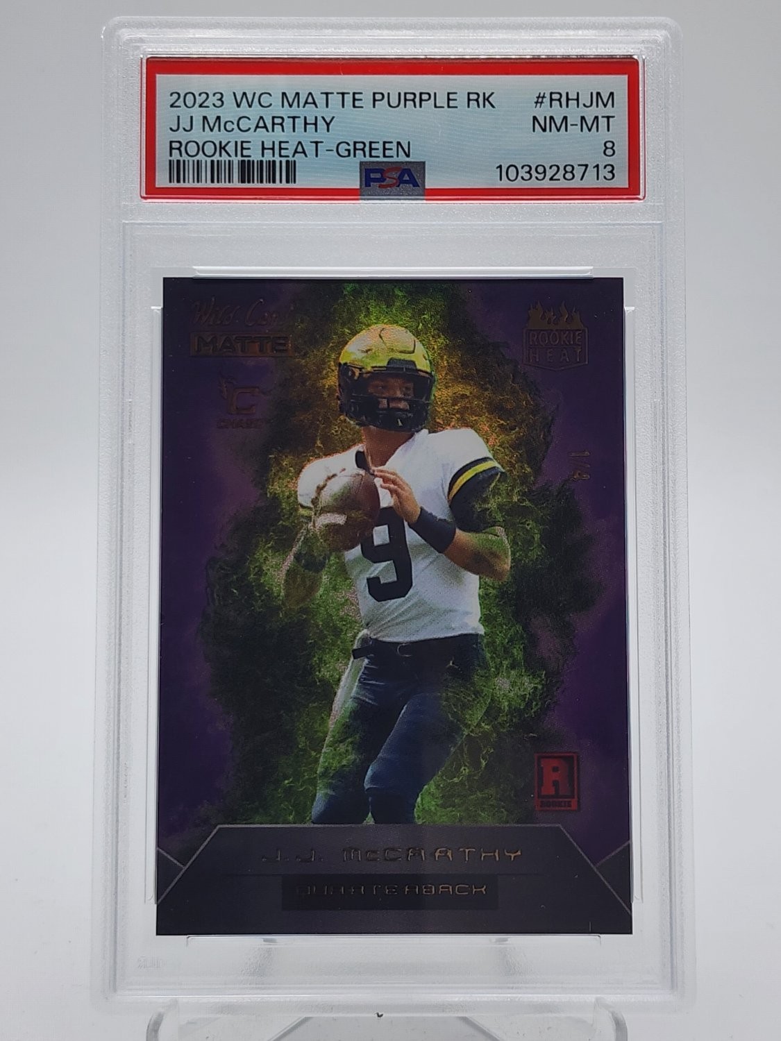 JJ MCCARTHY 2023 WILD CARD MATTE ROOKIE HEAT PURPLE GREEN 1/1 PSA 8 Q4320